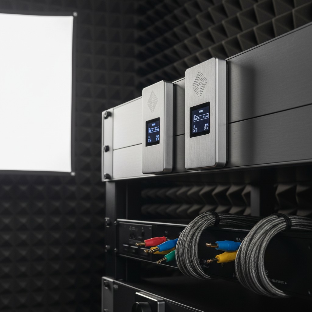 A photograph of part of an audio/video receiver in a government soundproof room with three-dimensional ceiling panels. The...